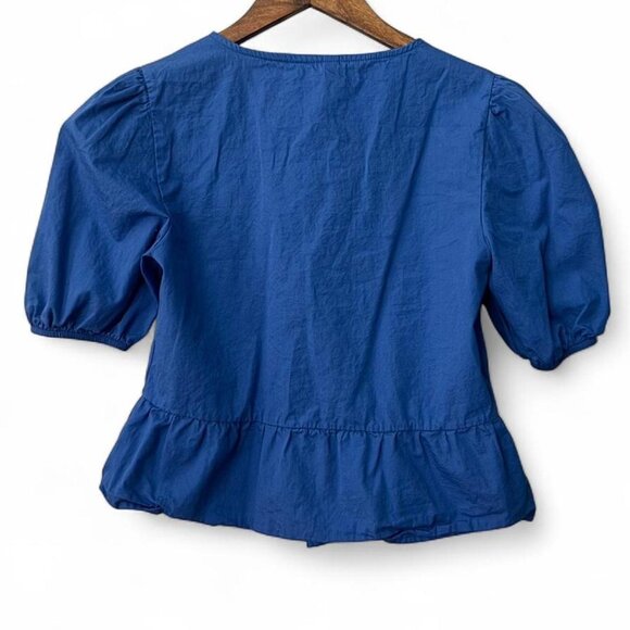 Stradivarius Blue Puffy Sleeve Open Front Three Bow Tie Peplum Blouse Women's XS - Picture 2 of 8